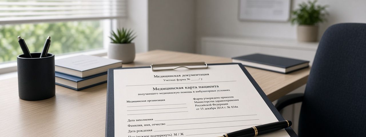 Осмотр перед выдачей бланка Кабинет осмотра San Forma: подготовка к заполнению медицинского бланка после очной оценки врача